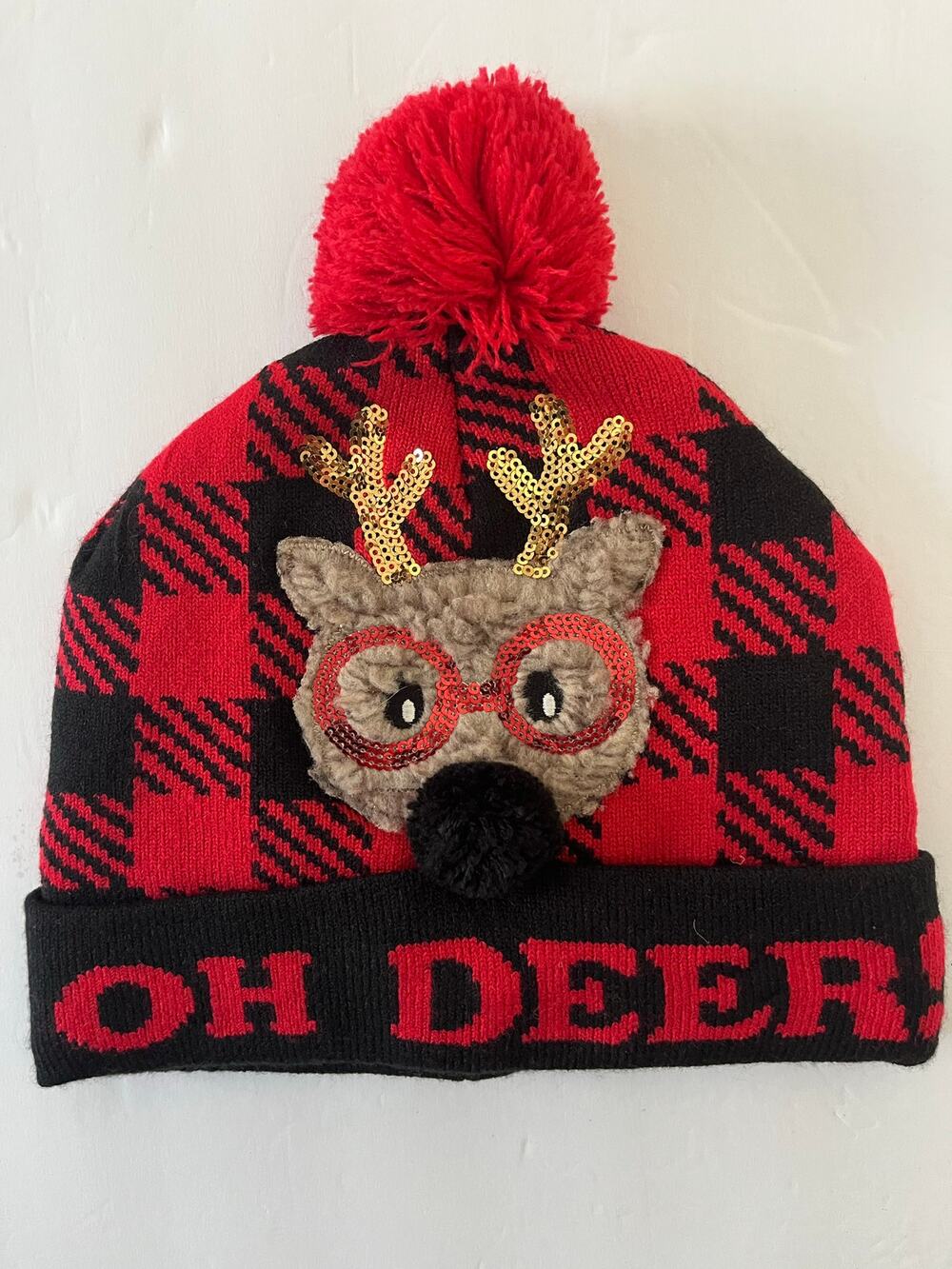 "Oh Deer" holiday beanie hat Red and Black Plaid pattern Applique Reindeer Face